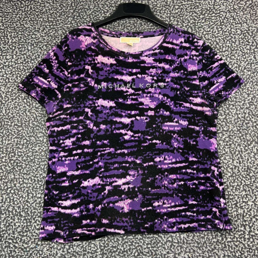 Michael Kors Shirt Women Extra Large Purple Black Abstract Logo Short Sleeve XL